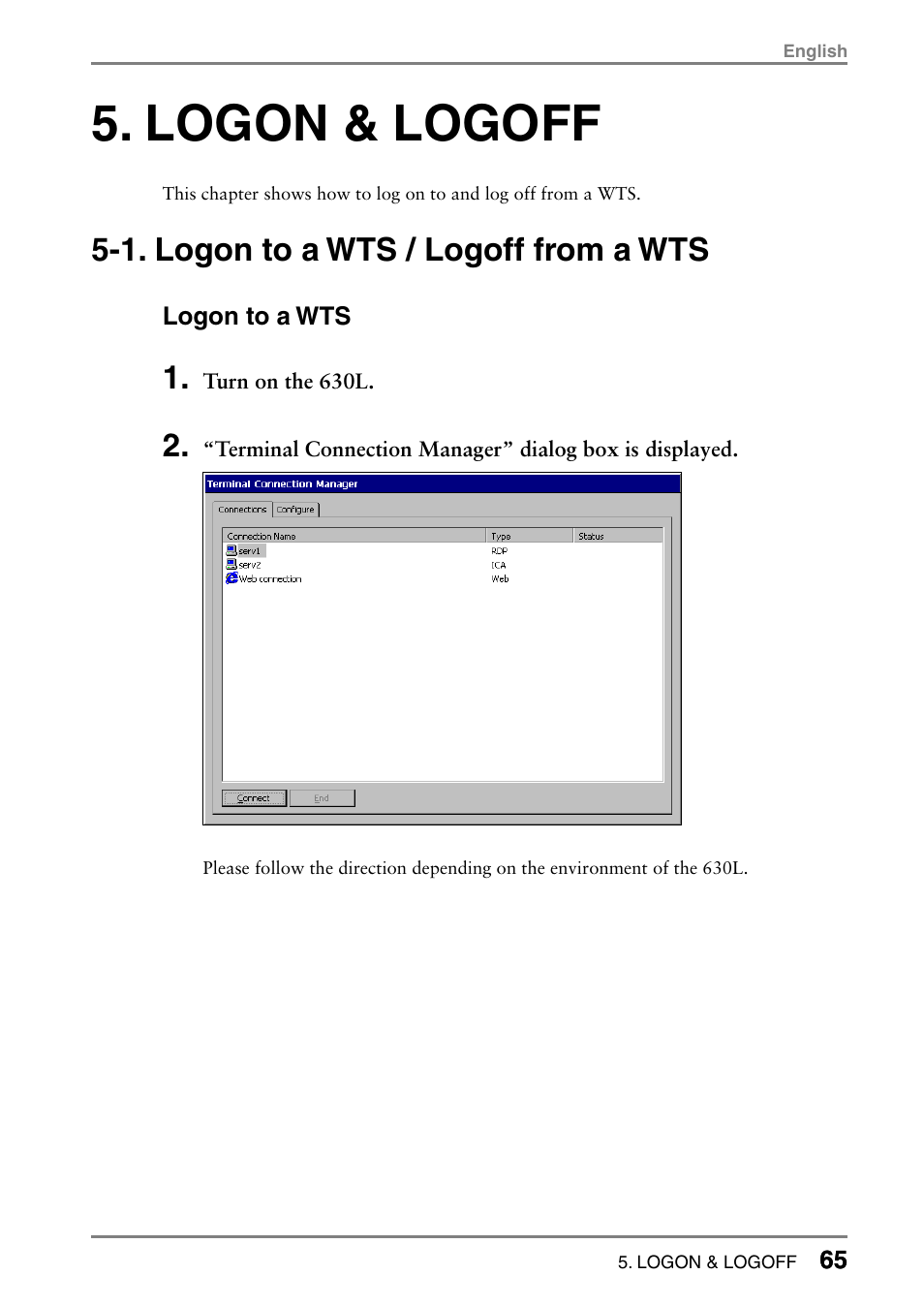 Logon & logoff, 1. logon to a wts / logoff from a wts | Eizo eClient LCD Monitor Integrated Windows-based terminal 630L User Manual | Page 65 / 115