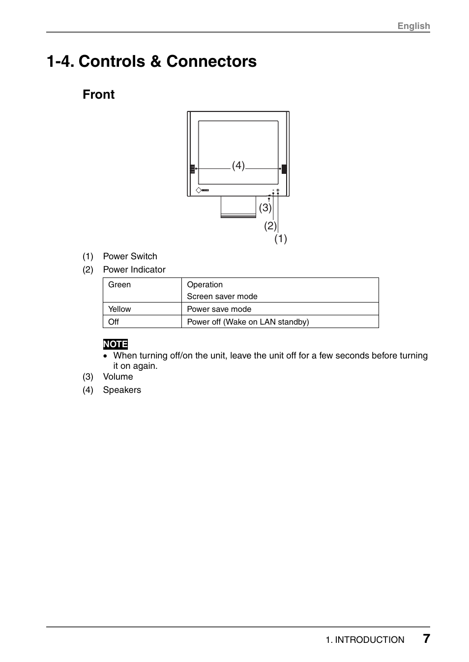 4. controls & connectors, Front | Eizo eClient LCD Monitor Integrated Windows-based terminal 630L User Manual | Page 7 / 115