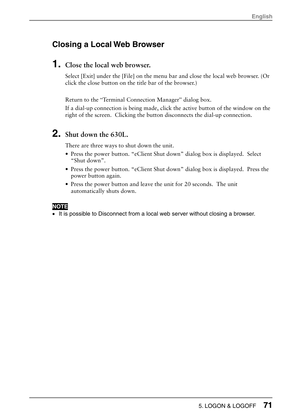 71 closing a local web browser | Eizo eClient LCD Monitor Integrated Windows-based terminal 630L User Manual | Page 71 / 115
