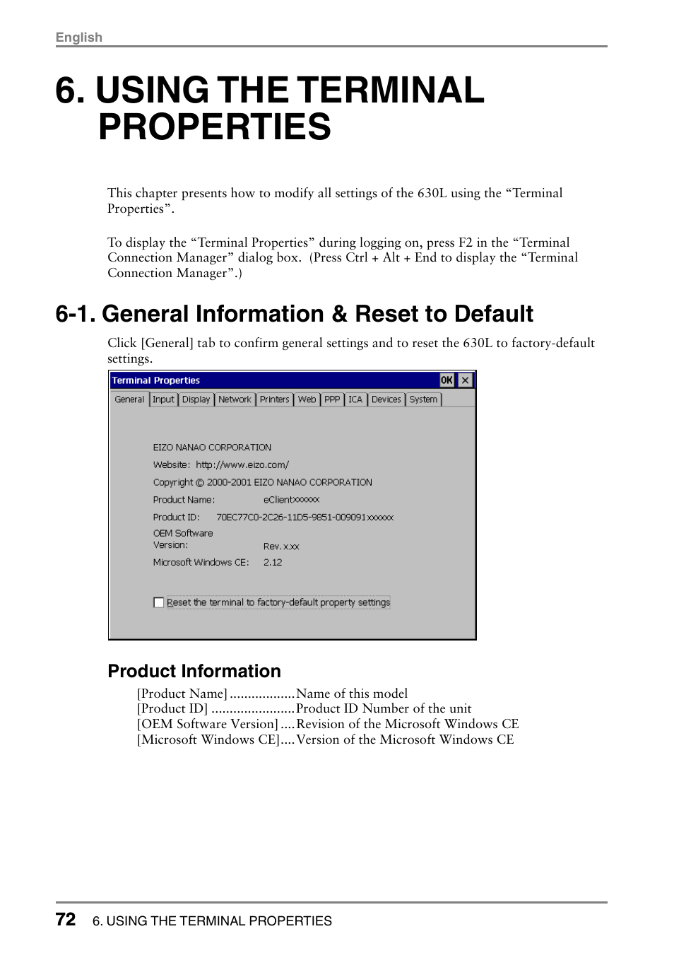 Using the terminal properties, 1. general information & reset to default | Eizo eClient LCD Monitor Integrated Windows-based terminal 630L User Manual | Page 72 / 115