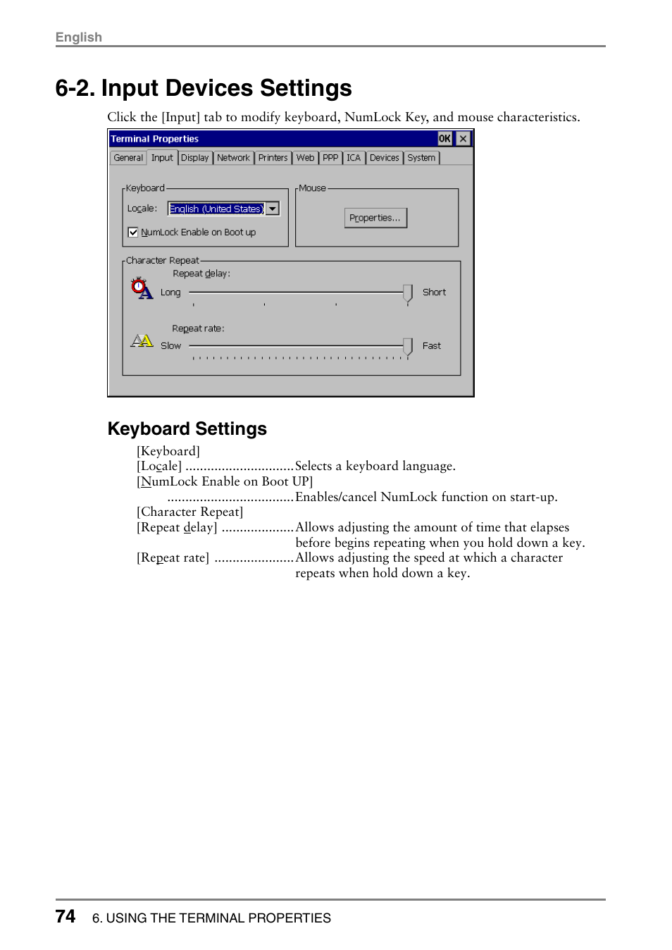 2. input devices settings, Keyboard settings | Eizo eClient LCD Monitor Integrated Windows-based terminal 630L User Manual | Page 74 / 115
