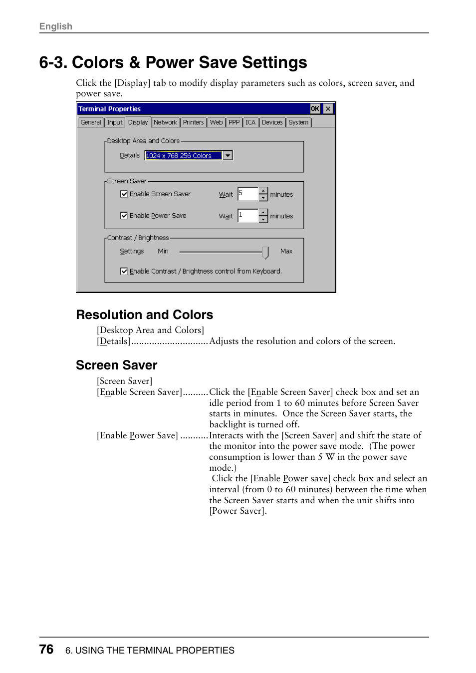 3. colors & power save settings, Resolution and colors, Screen saver | Eizo eClient LCD Monitor Integrated Windows-based terminal 630L User Manual | Page 76 / 115