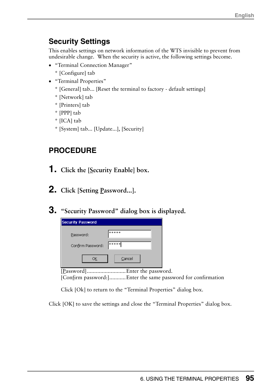 95 security settings, Procedure | Eizo eClient LCD Monitor Integrated Windows-based terminal 630L User Manual | Page 95 / 115