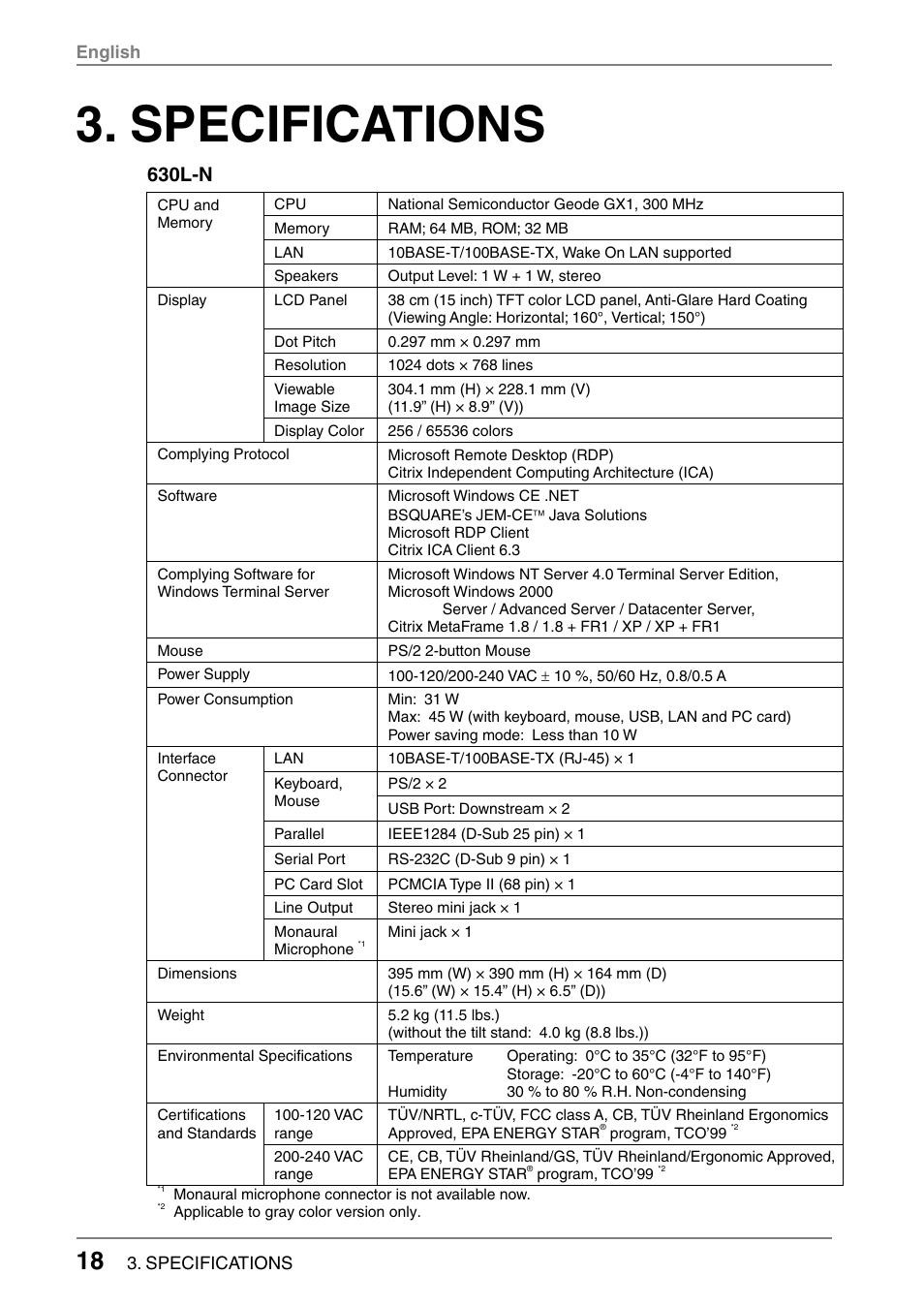 Specifications, 630l-n | Eizo 630LT-GR-N User Manual | Page 18 / 26