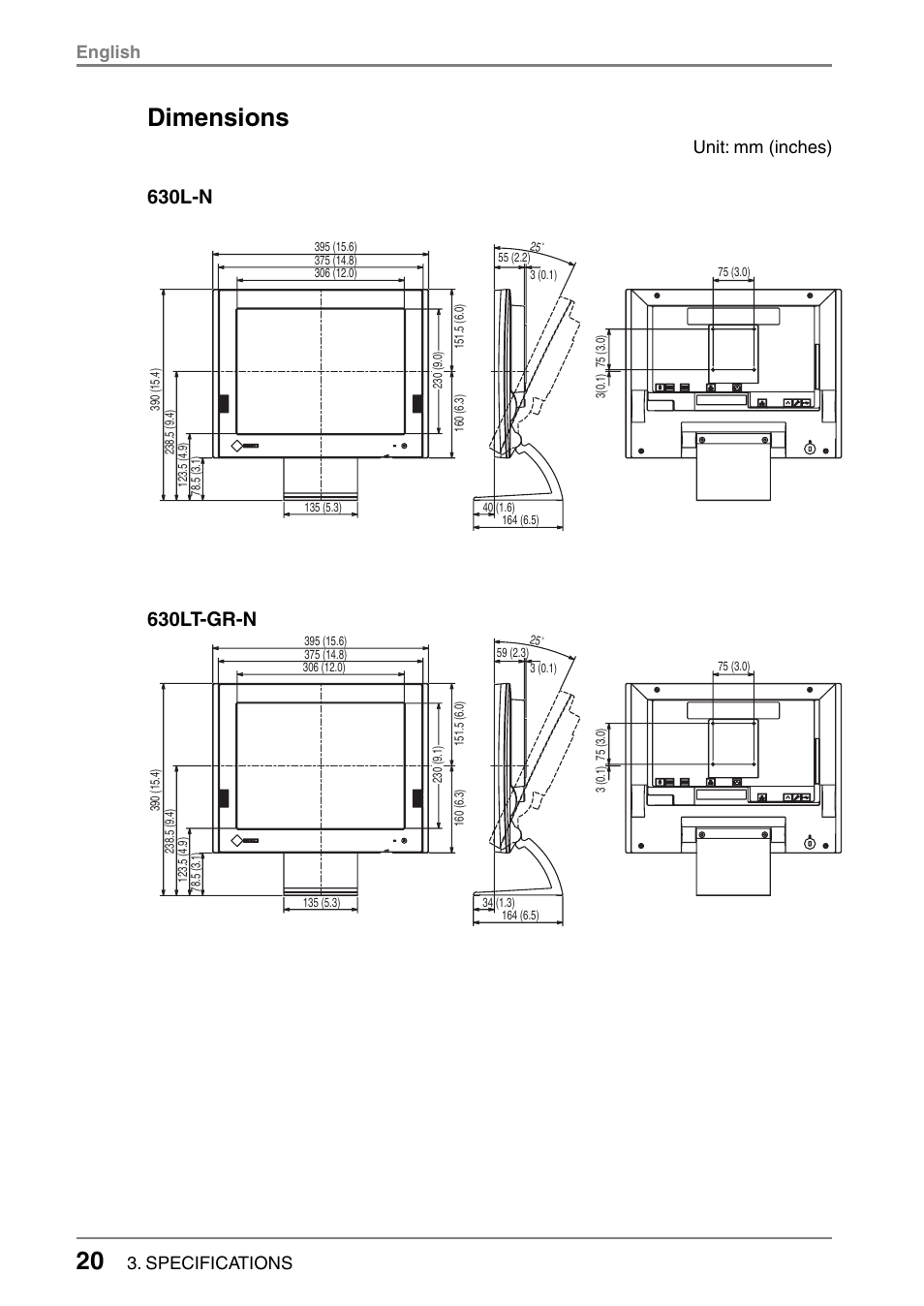 Dimensions, 630l-n, 630lt-gr-n | Eizo 630LT-GR-N User Manual | Page 20 / 26