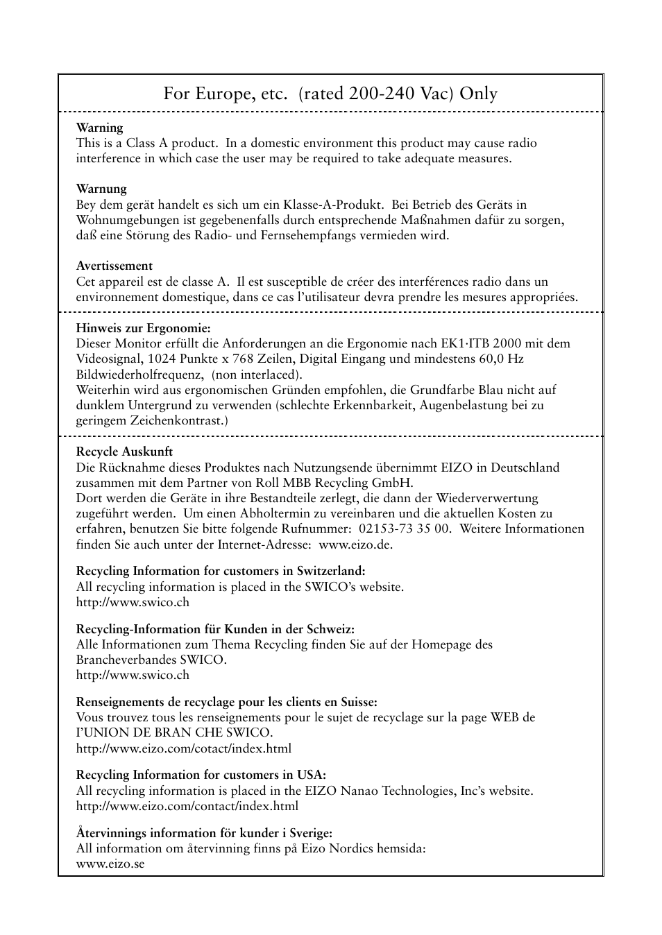 Ce marking, Hinweis zur ergonomie, Recycle information | Eizo 630LT-GR-N User Manual | Page 25 / 26