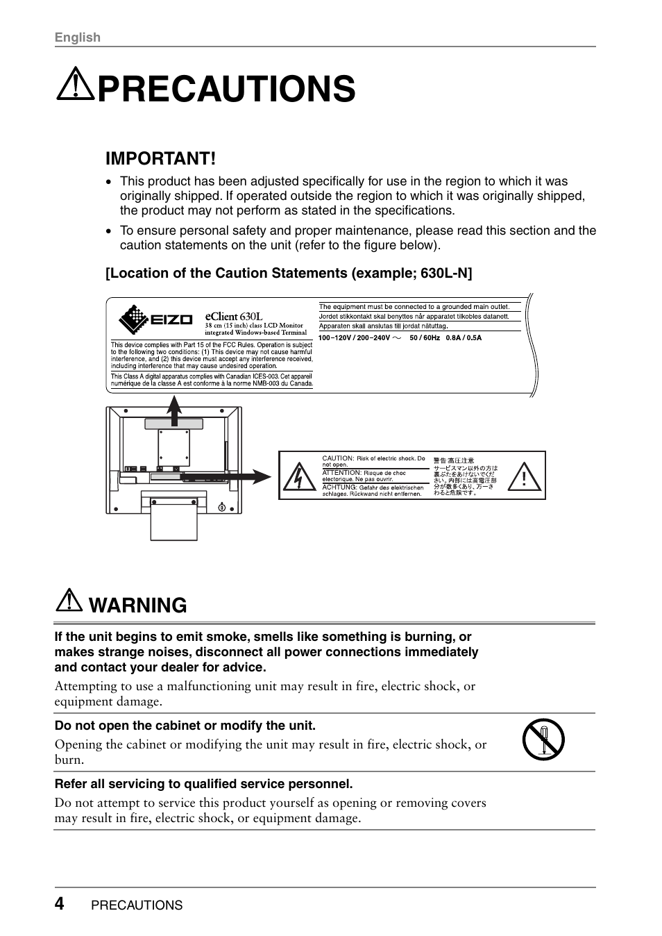 Precautions, Warning, Important | Eizo 630LT-GR-N User Manual | Page 4 / 26