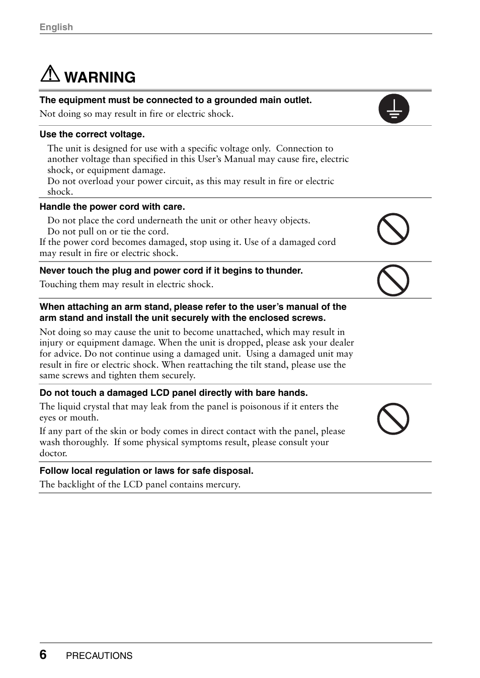 Warning | Eizo 630LT-GR-N User Manual | Page 6 / 26