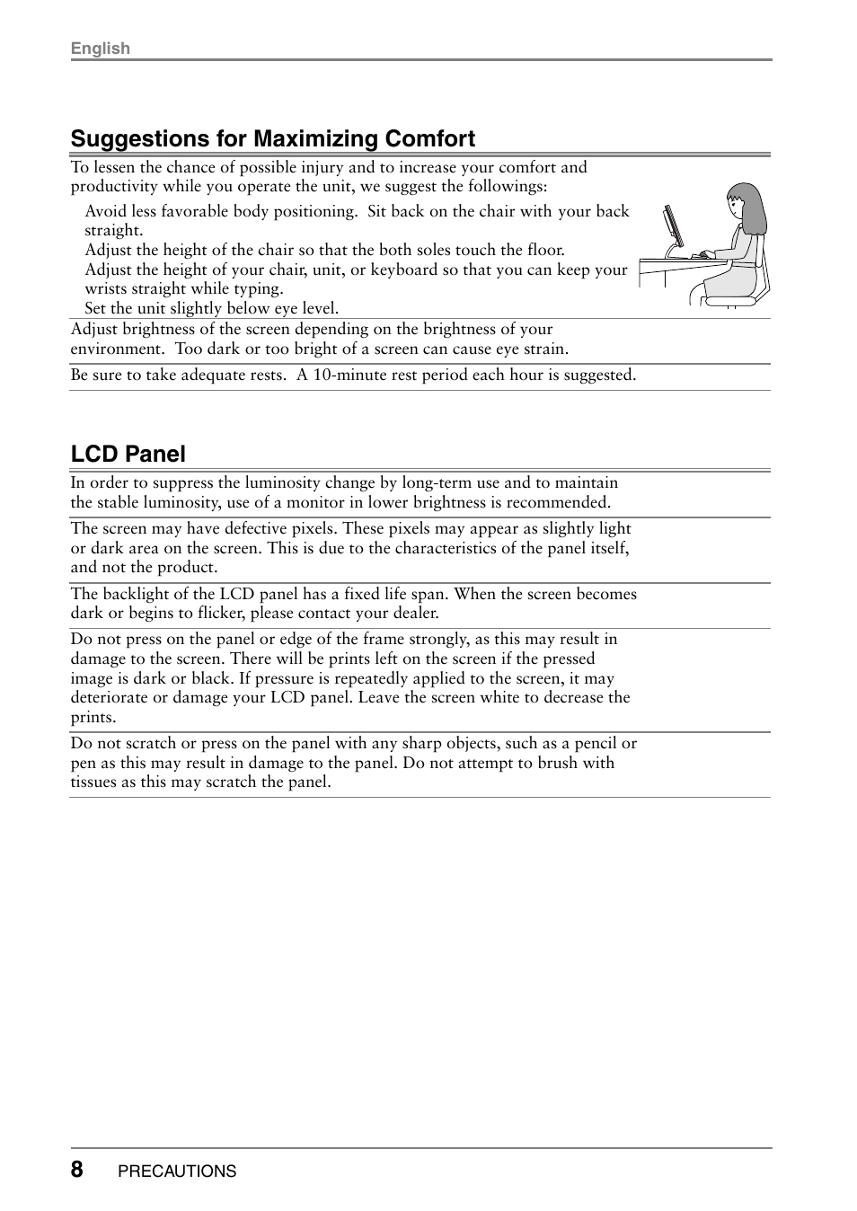 Suggestions for maximizing comfort, Lcd panel | Eizo 630LT-GR-N User Manual | Page 8 / 26