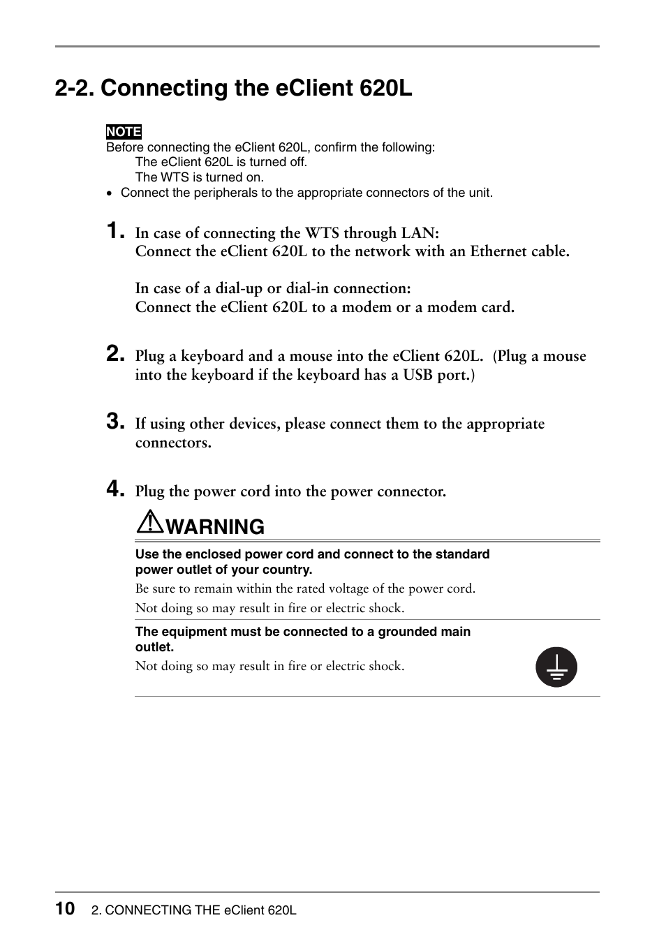 2. connecting the eclient 620l, Warning | Eizo 620L User Manual | Page 10 / 62