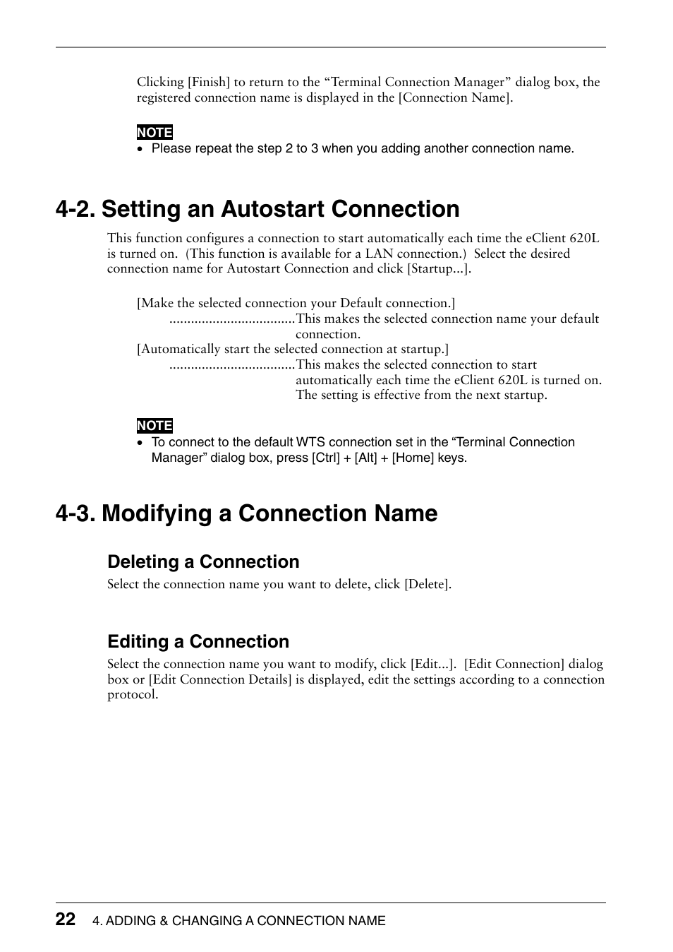 2. setting an autostart connection, 3. modifying a connection name, Deleting a connection | Editing a connection | Eizo 620L User Manual | Page 22 / 62