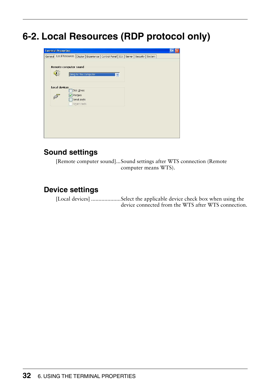 2. local resources (rdp protocol only), Sound settings, Device settings | Eizo 620L User Manual | Page 32 / 62