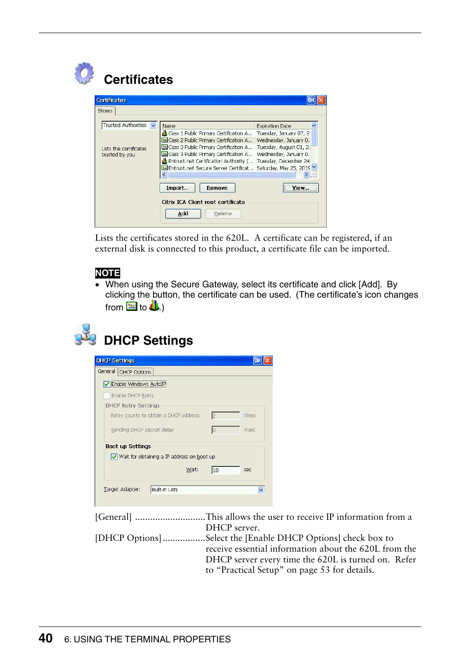 Certificates, Dhcp settings | Eizo 620L User Manual | Page 40 / 62