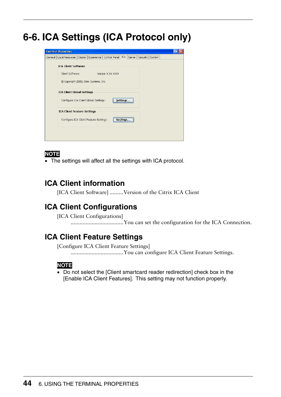 6. ica settings (ica protocol only), Ica client information, Ica client configurations | Ica client feature settings | Eizo 620L User Manual | Page 44 / 62