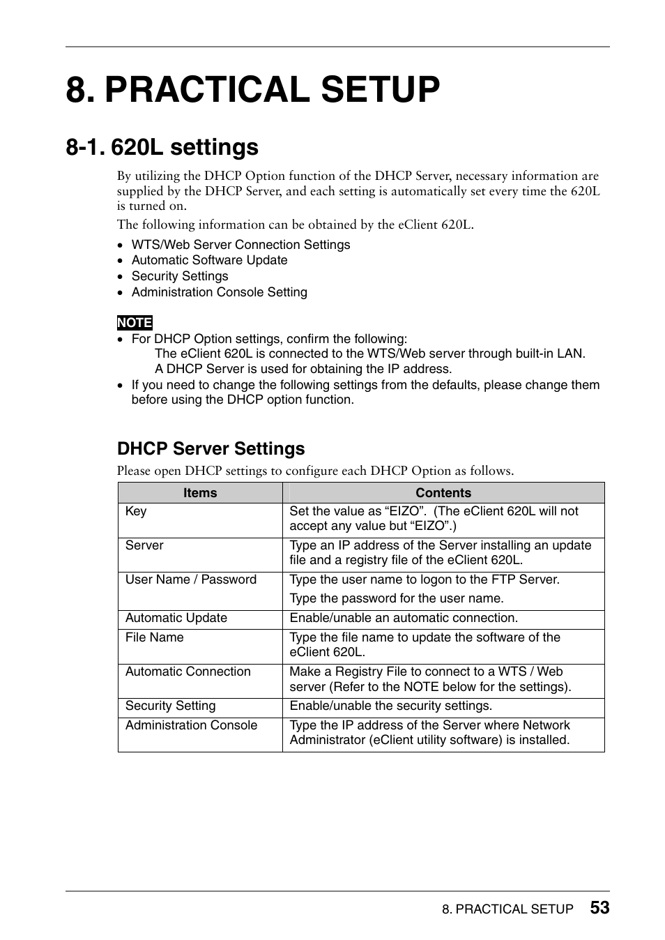 Practical setup, 1. 620l settings, Dhcp server settings | Eizo 620L User Manual | Page 53 / 62