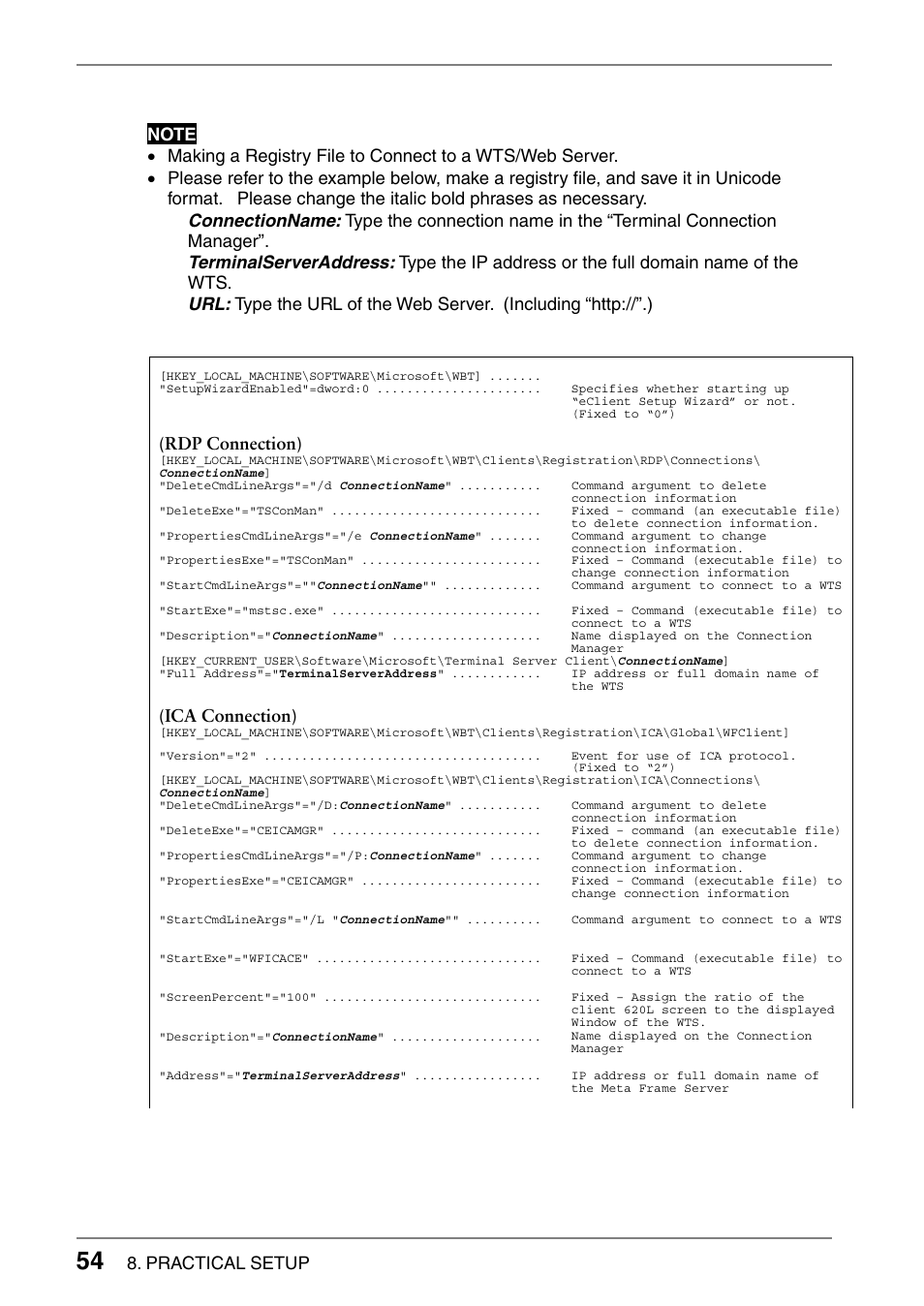 Rdp connection), Ica connection), Practical setup | Eizo 620L User Manual | Page 54 / 62