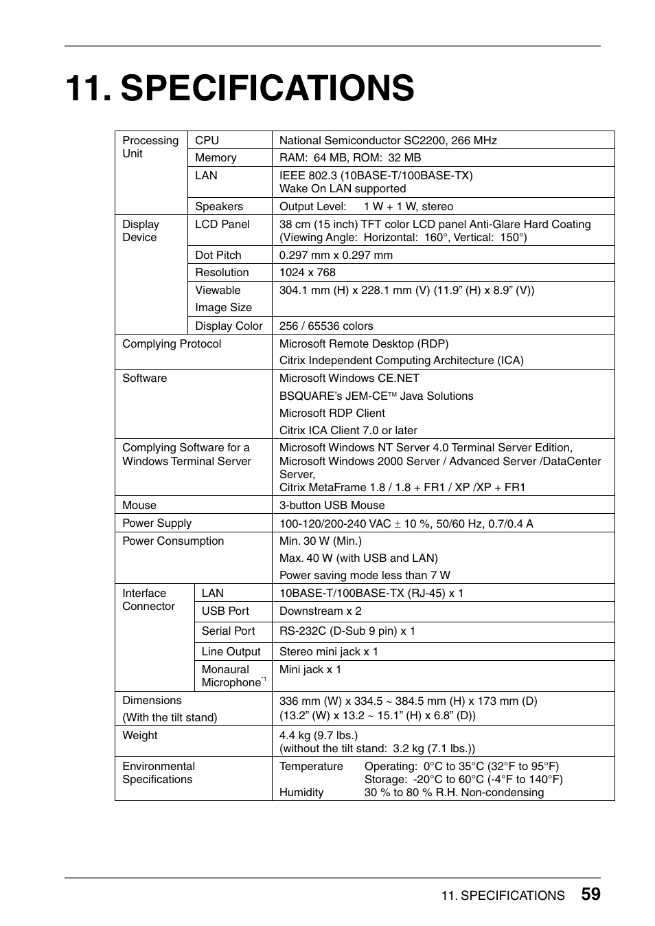 Specifications | Eizo 620L User Manual | Page 59 / 62