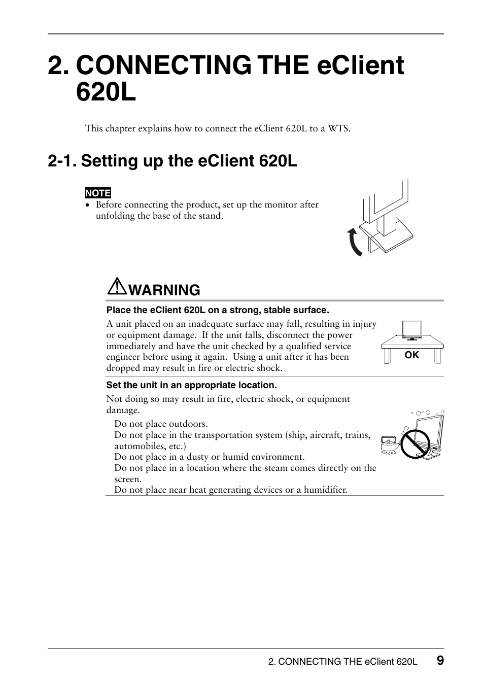 Connecting the eclient 620l, 1. setting up the eclient 620l, Warning | Eizo 620L User Manual | Page 9 / 62