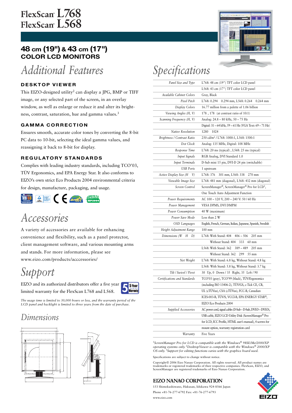 Specifications, Additional features, Accessories | Support, Dimensions, Color lcd monitors | Eizo FlexScan L768 User Manual | Page 2 / 2