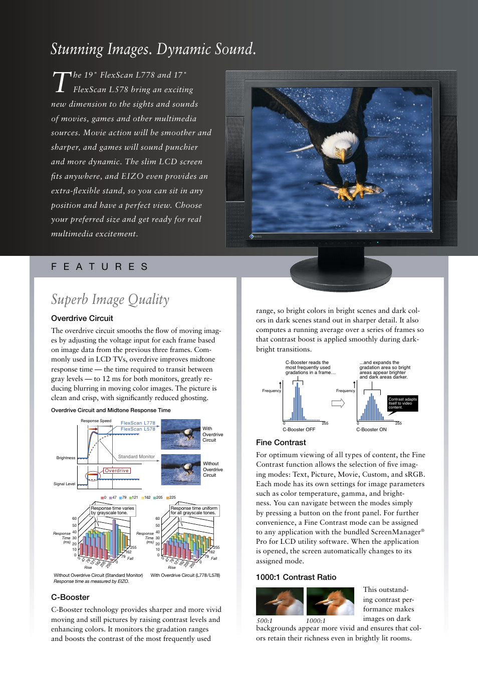 Stunning images. dynamic sound, Superb image quality, Overdrive circuit | C-booster, Fine contrast | Eizo L778 User Manual | Page 2 / 4