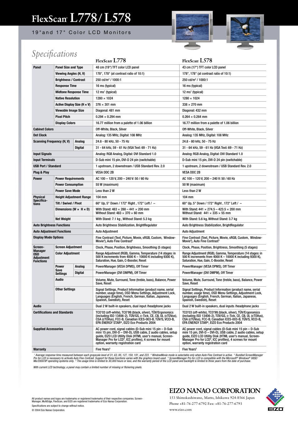 Speciﬁcations | Eizo L778 User Manual | Page 4 / 4