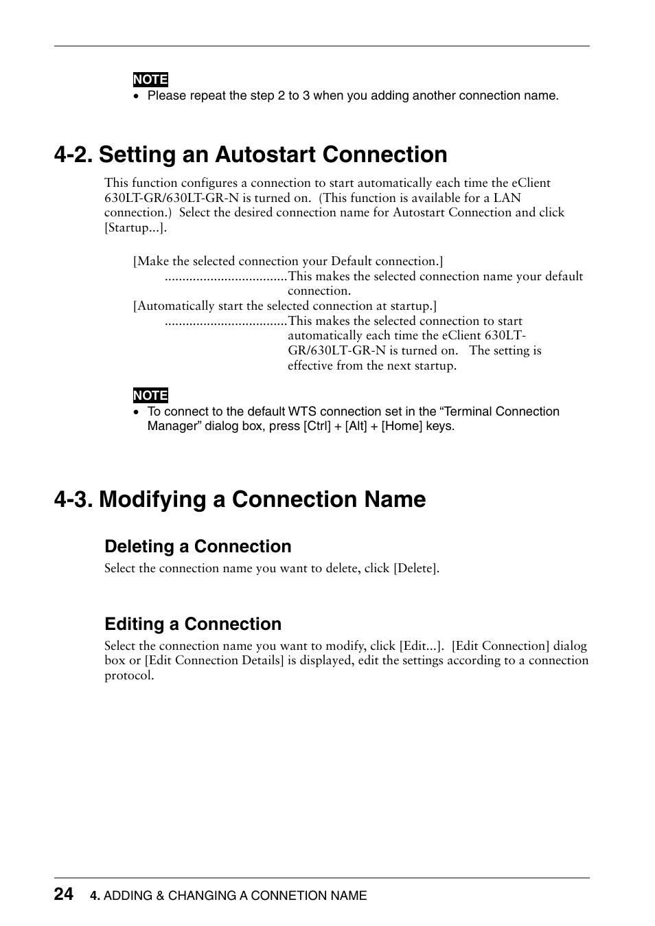 2. setting an autostart connection, 3. modifying a connection name, Deleting a connection | Editing a connection | Eizo 630lt-gr User Manual | Page 24 / 68