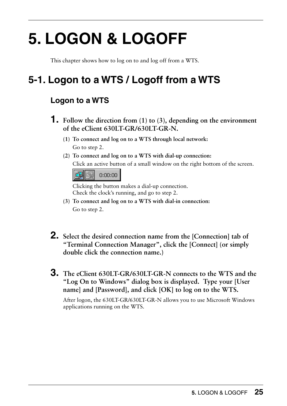 Logon & logoff, 1. logon to a wts / logoff from a wts | Eizo 630lt-gr User Manual | Page 25 / 68
