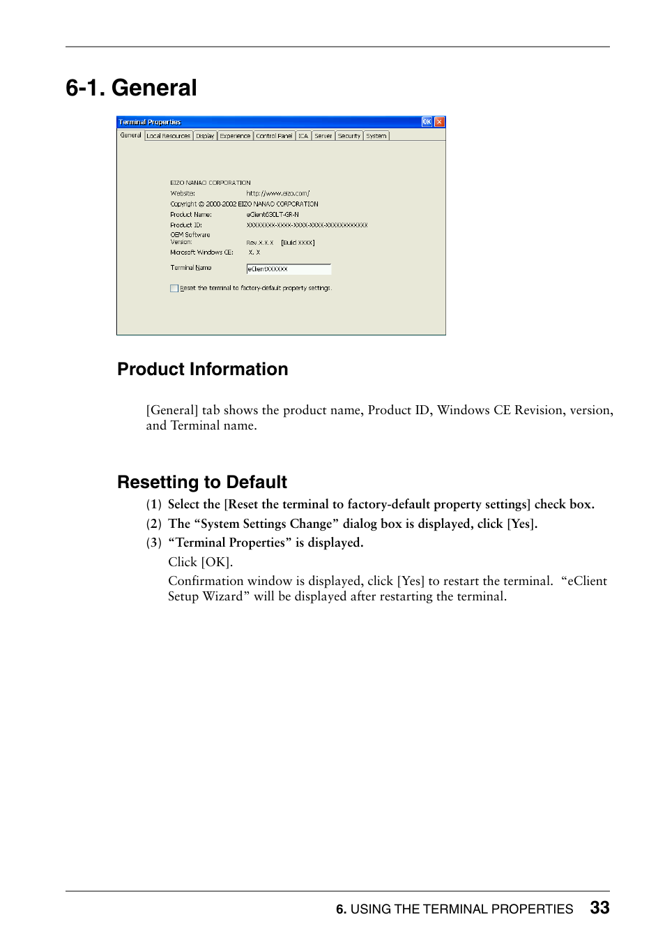 1. general, Product information, Resetting to default | Eizo 630lt-gr User Manual | Page 33 / 68