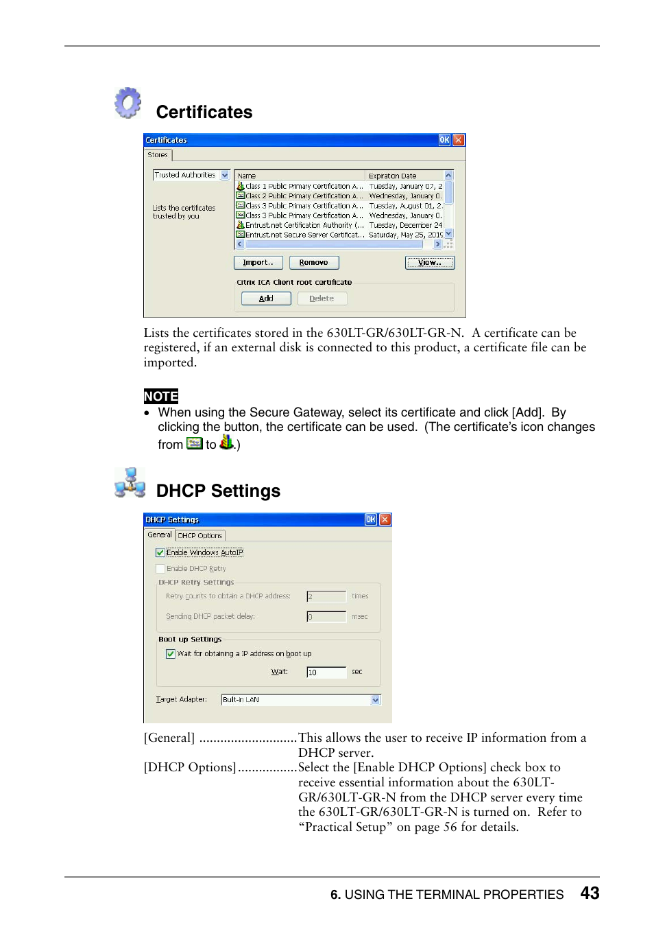 Certificates, Dhcp settings | Eizo 630lt-gr User Manual | Page 43 / 68