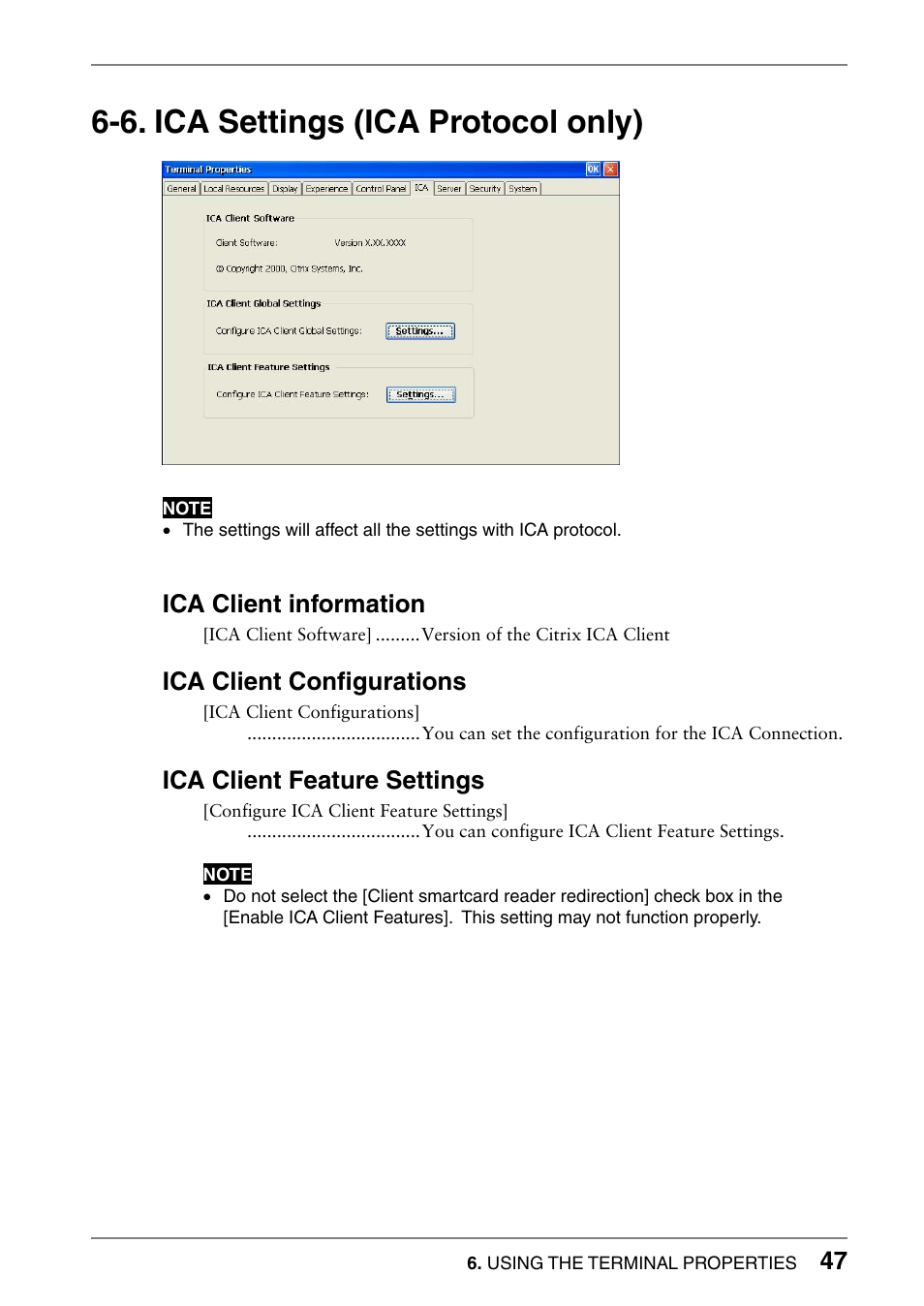 6. ica settings (ica protocol only), Ica client information, Ica client configurations | Ica client feature settings | Eizo 630lt-gr User Manual | Page 47 / 68