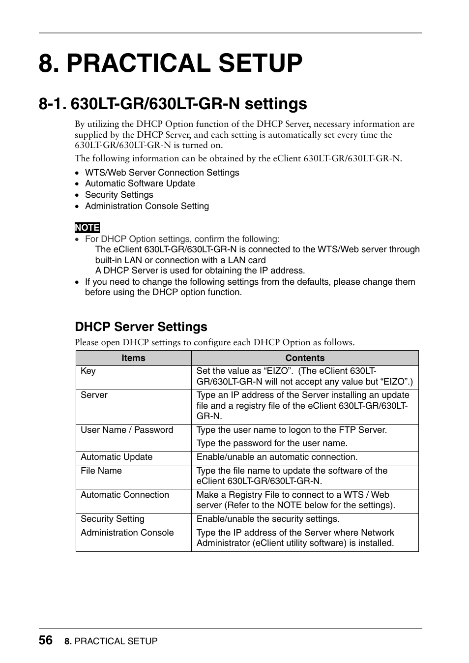 Practical setup, 1. 630lt-gr/630lt-gr-n settings, Dhcp server settings | Eizo 630lt-gr User Manual | Page 56 / 68