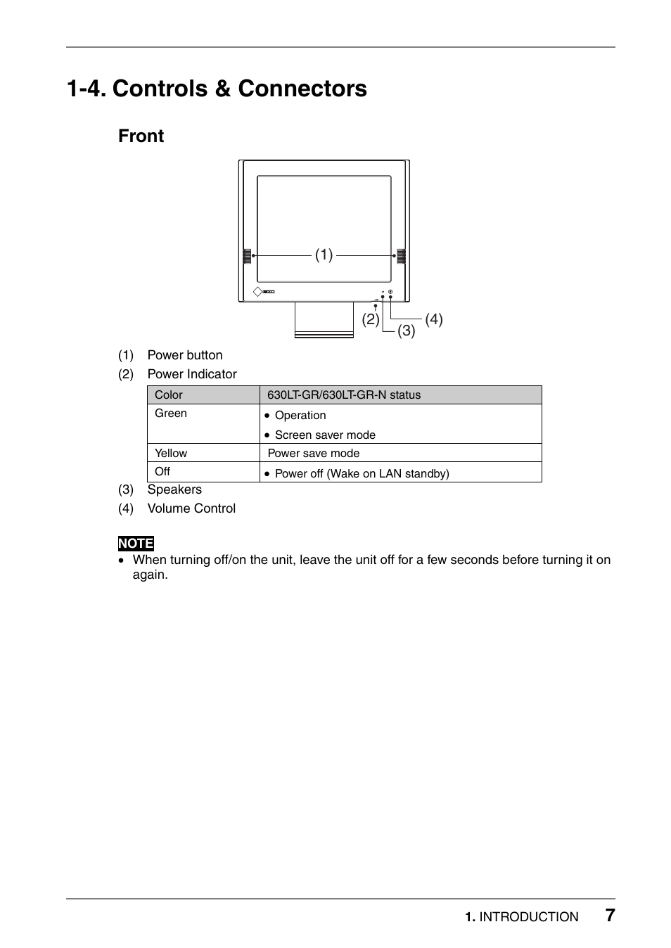 4. controls & connectors, Front | Eizo 630lt-gr User Manual | Page 7 / 68
