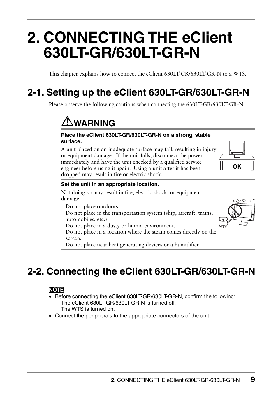 Connecting the eclient 630lt-gr/630lt-gr-n, 1. setting up the eclient 630lt-gr/630lt-gr-n, 2. connecting the eclient 630lt-gr/630lt-gr-n | Warning | Eizo 630lt-gr User Manual | Page 9 / 68