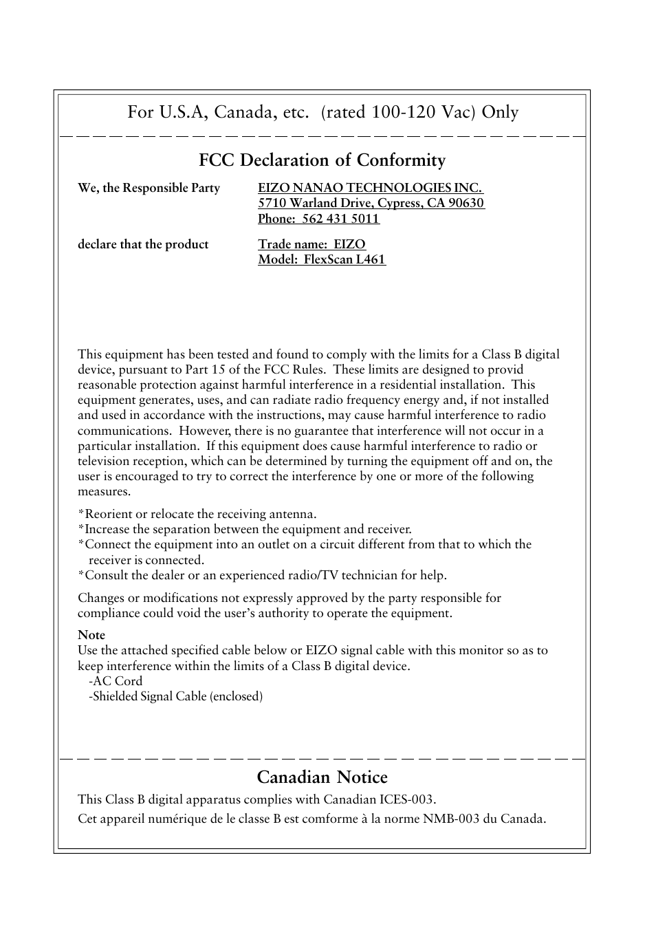 Fcc declaration, Fcc declaration of conformity, Canadian notice | Eizo FlexScan L461 User Manual | Page 45 / 45