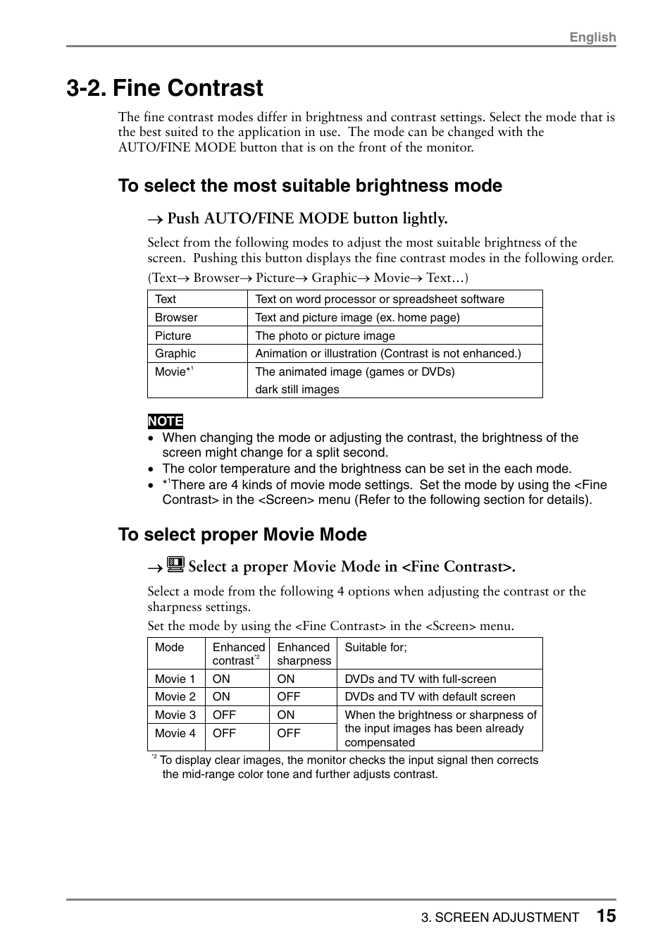 2. fine contrast, Push auto/fine mode button lightly, Select a proper movie mode in <fine contrast | Eizo T766 User Manual | Page 15 / 38