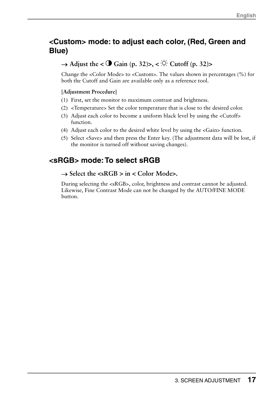 Srgb> mode: to select srgb | Eizo T766 User Manual | Page 17 / 38