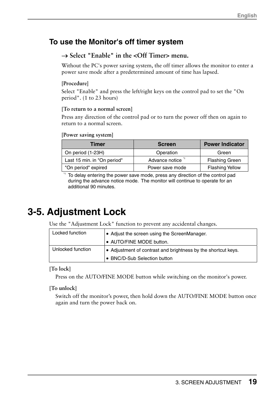 5. adjustment lock, Select "enable" in the <off timer> menu | Eizo T766 User Manual | Page 19 / 38