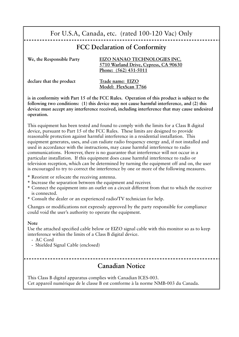 Fcc declaration of conformity, Canadian notice | Eizo T766 User Manual | Page 36 / 38
