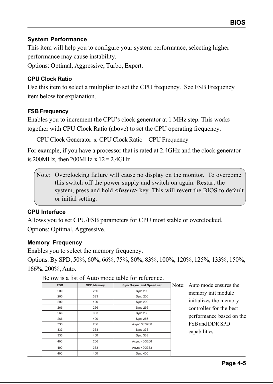 Bios, Page 4-5 system performance, Cpu clock ratio | Fsb frequency, Cpu interface | Nvidia 400 User Manual | Page 37 / 78