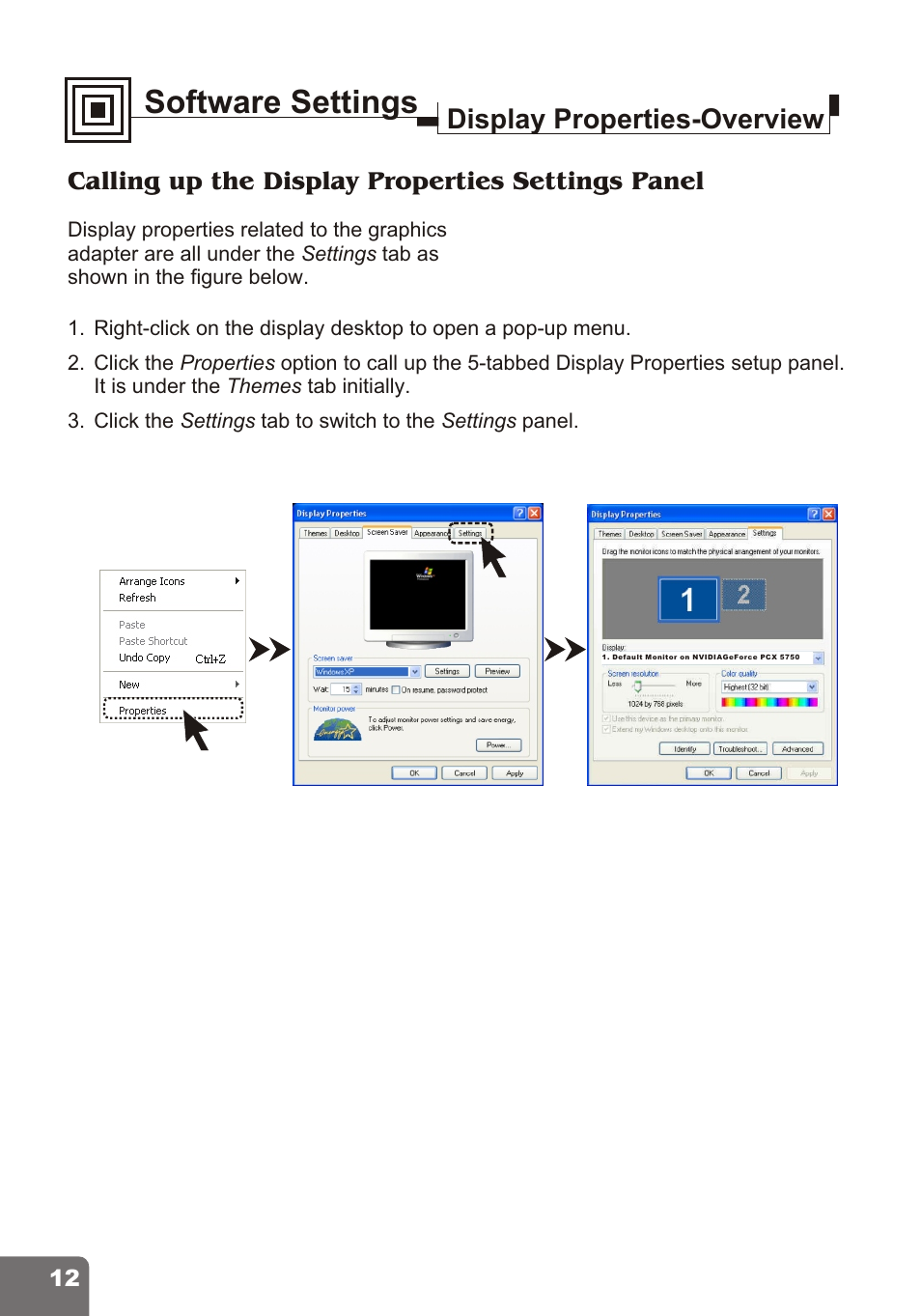 Software settings, Display properties-overview, Calling up the display properties settings panel | Nvidia PCI Express Series User Manual | Page 14 / 28