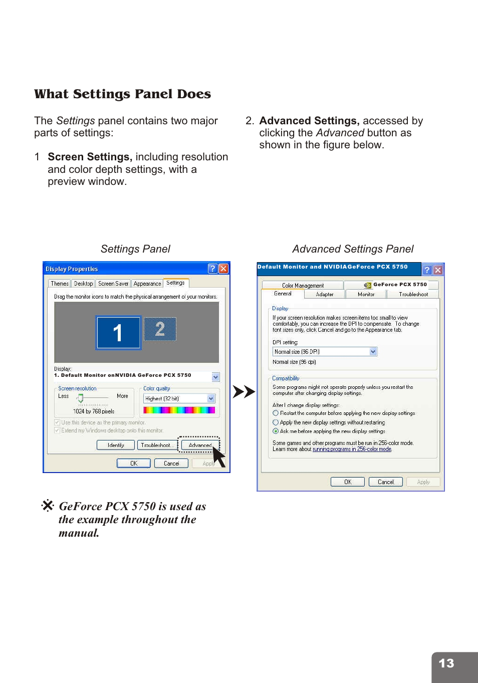 What settings panel does | Nvidia PCI Express Series User Manual | Page 15 / 28
