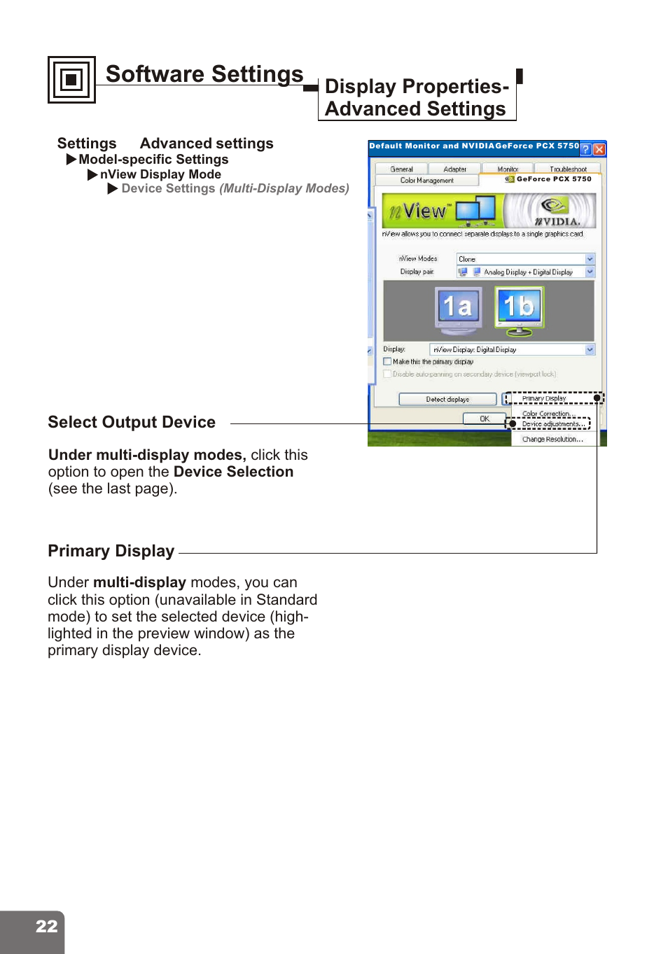 Software settings, Display properties- advanced settings | Nvidia PCI Express Series User Manual | Page 24 / 28