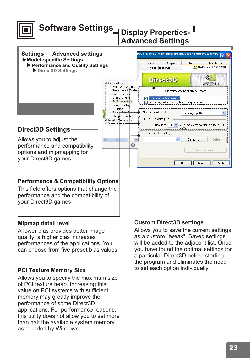 Software settings, Display properties- advanced settings, Direct3d settings | Nvidia PCI Express Series User Manual | Page 25 / 28