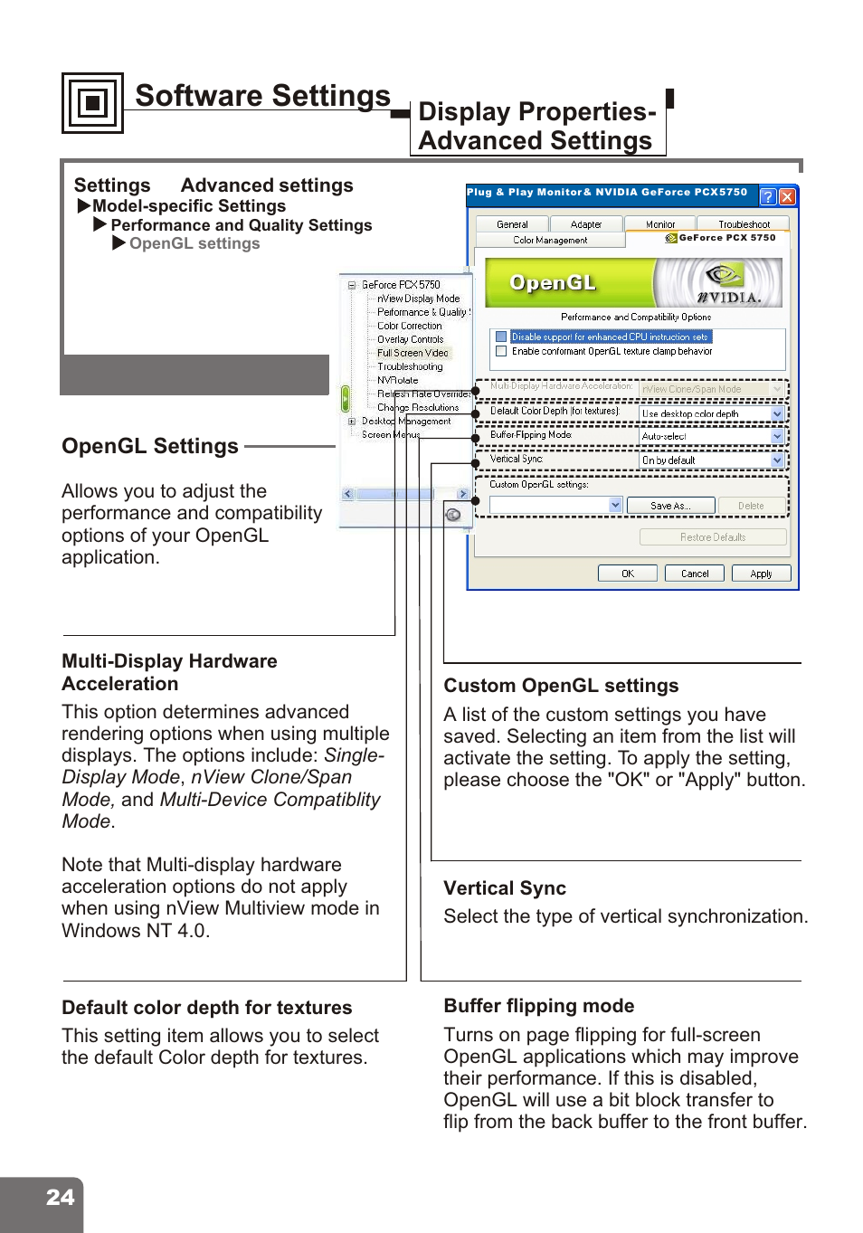 Software settings, Display properties- advanced settings, Opengl settings | Nvidia PCI Express Series User Manual | Page 26 / 28