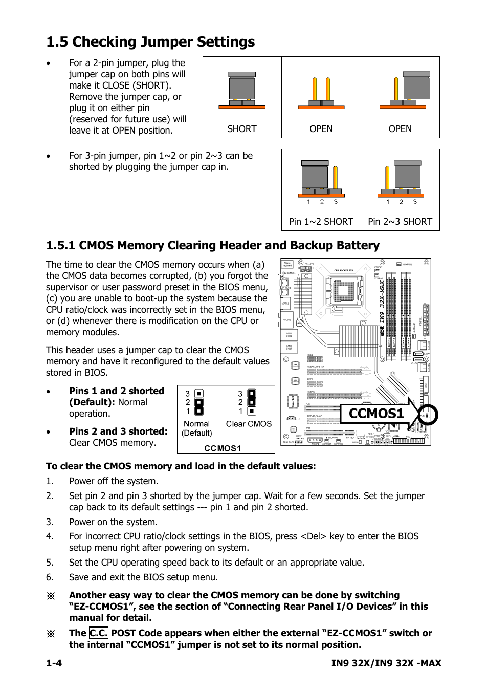 5 checking jumper settings, 1 cmos memory clearing header and backup battery, 5 checking jumper settings -4 | Nvidia IN9 32X User Manual | Page 10 / 96