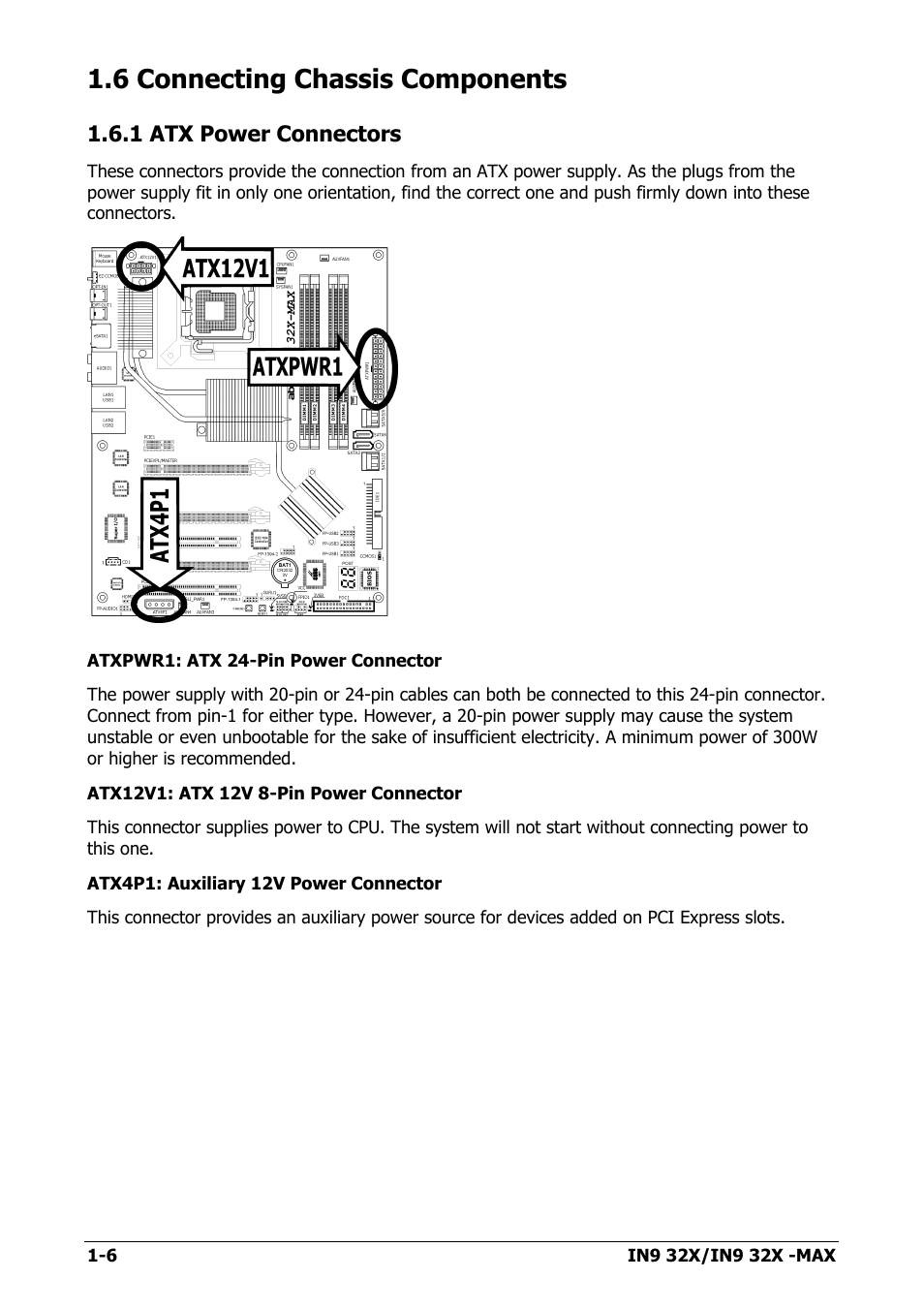 6 connecting chassis components, 1 atx power connectors, 6 connecting chassis components -6 | 1 atx power connectors -6 | Nvidia IN9 32X User Manual | Page 12 / 96