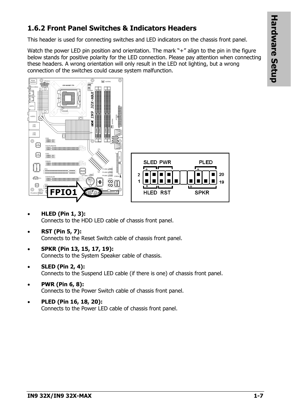 2 front panel switches & indicators headers, 2 front panel switches & indicators headers -7, Hardware setup | Nvidia IN9 32X User Manual | Page 13 / 96