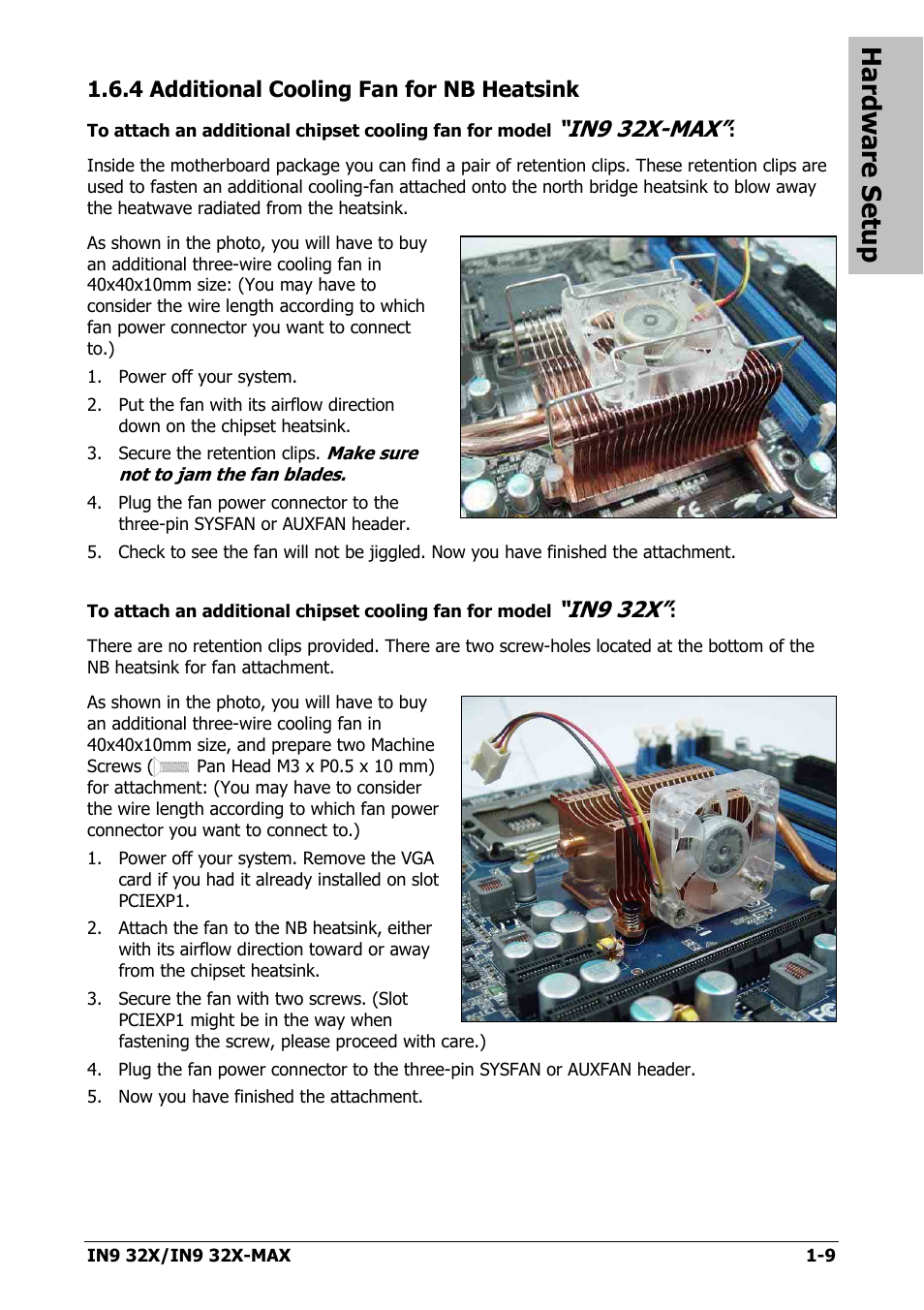 4 additional cooling fan for nb heatsink, 4 additional cooling fan for nb heatsink -9, Hardware setup | In9 32x-max, In9 32x | Nvidia IN9 32X User Manual | Page 15 / 96