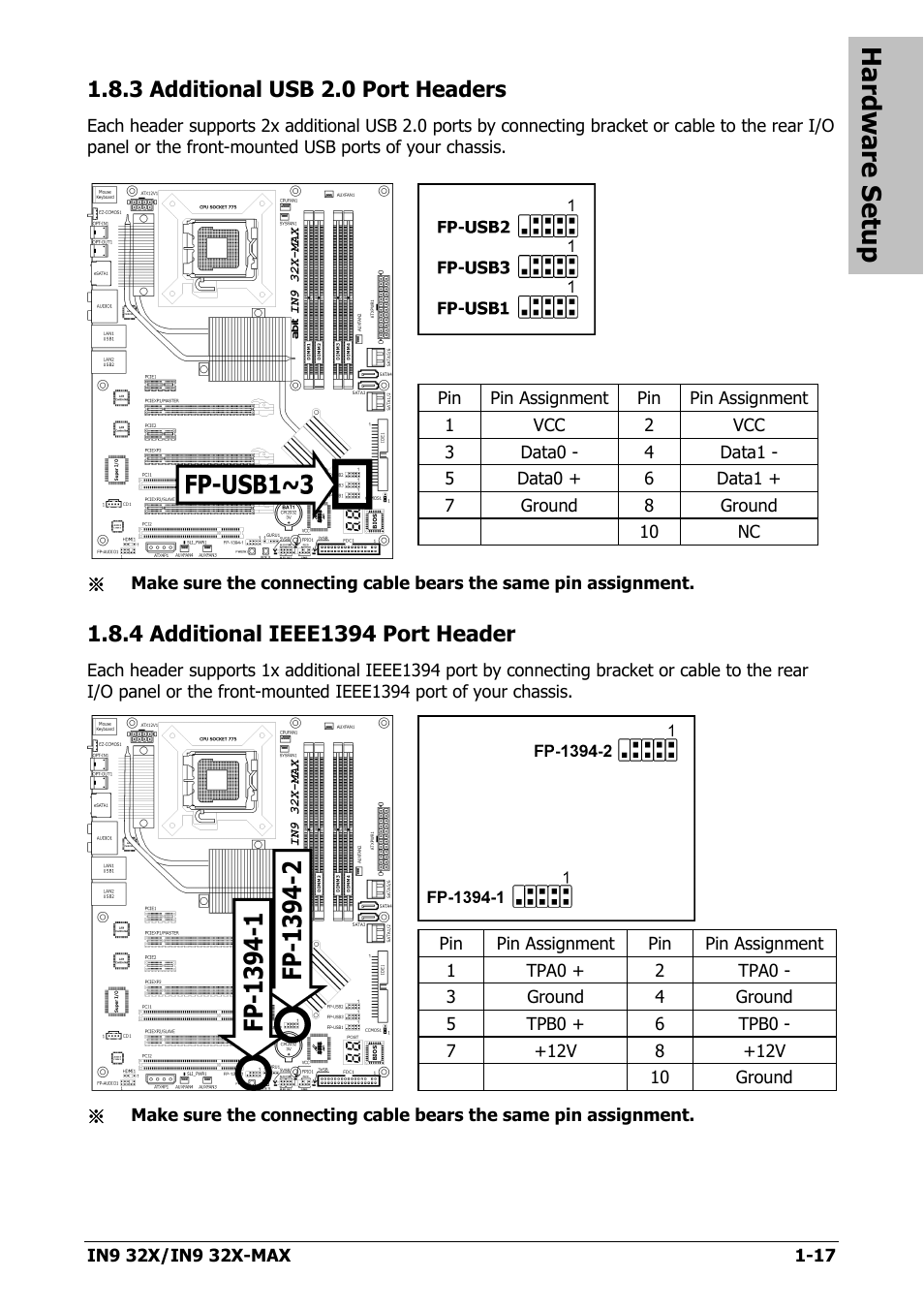 3 additional usb 2.0 port headers, 4 additional ieee1394 port header, 3 additional usb 2.0 port headers -17 | 4 additional ieee1394 port header -17, Hardware setup | Nvidia IN9 32X User Manual | Page 23 / 96