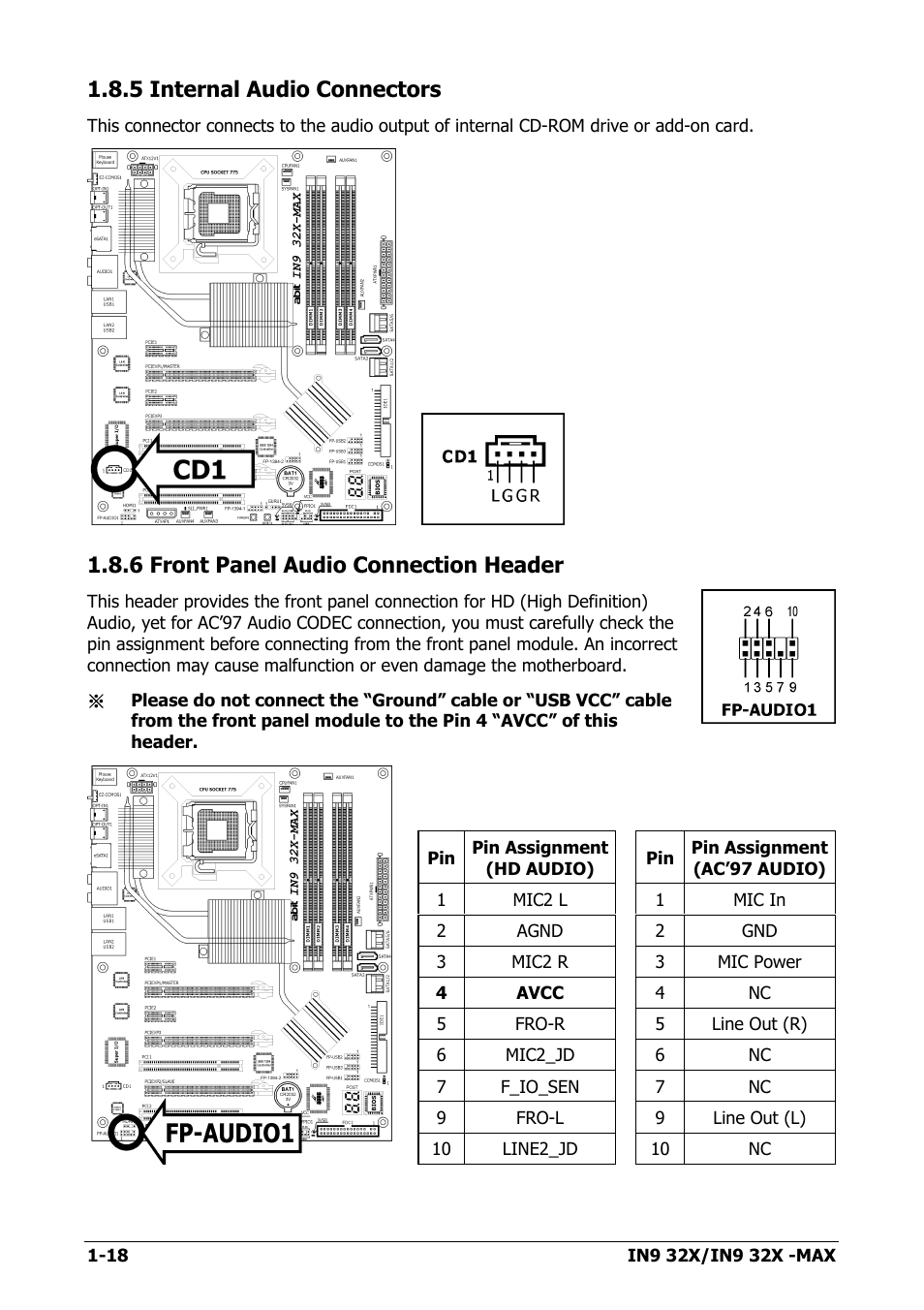 5 internal audio connectors, 6 front panel audio connection header, 5 internal audio connectors -18 | 6 front panel audio connection header -18 | Nvidia IN9 32X User Manual | Page 24 / 96